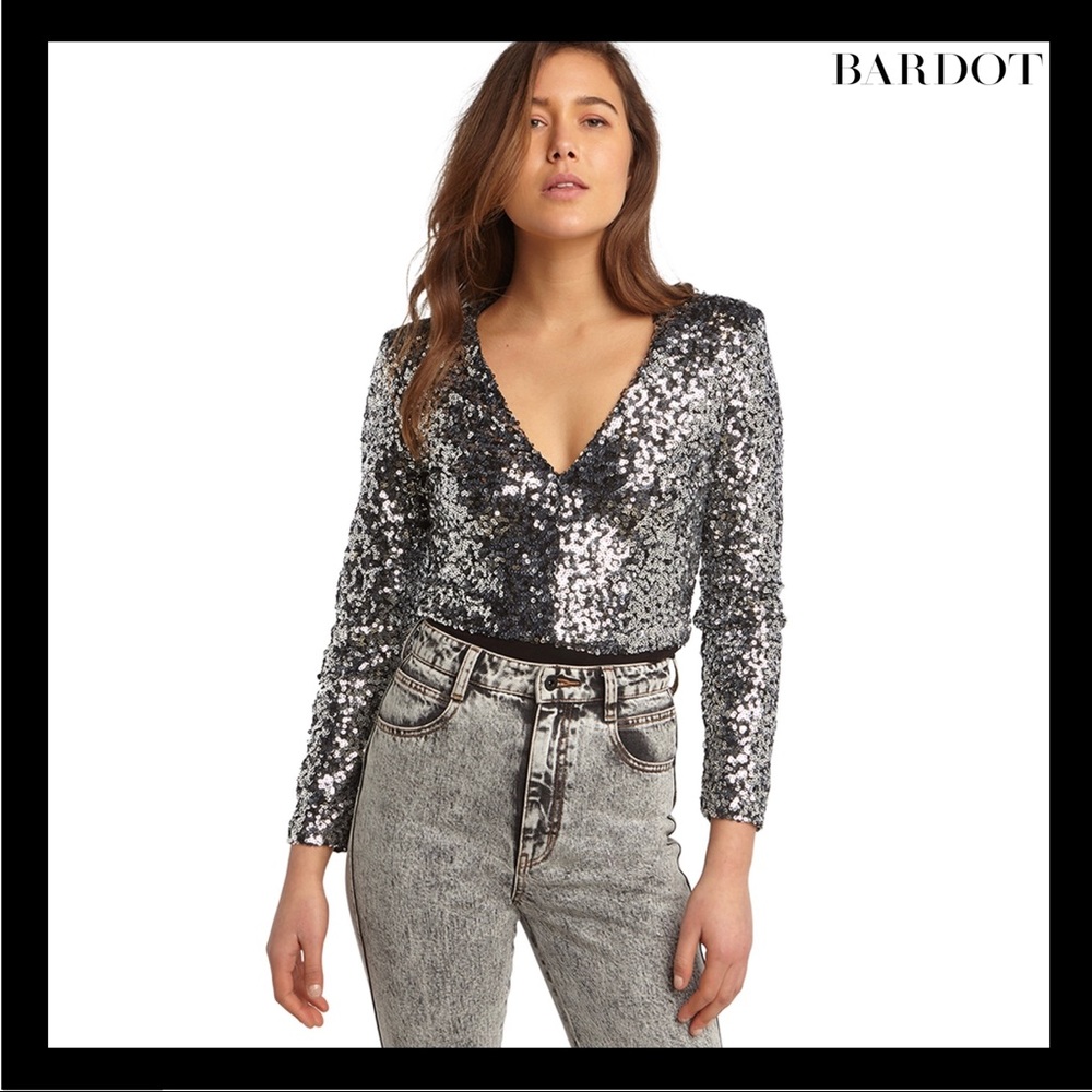 NEW BARDOT SILVER SEQUIN LONG SLEEVE BODYSUIT